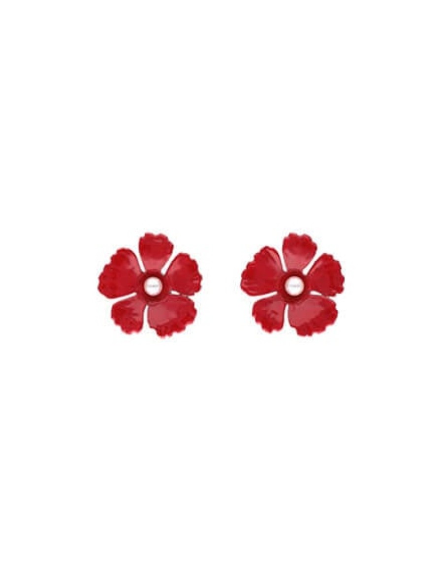 Jewelry MAJORICA Short Earrings | Santorini Large Flower Red Earrings In Silver